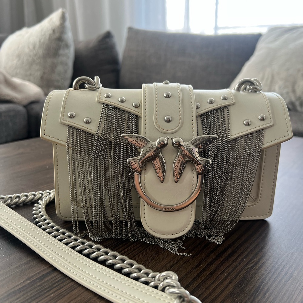 Pinko White Crossbody Bag with Silver Chain Detail